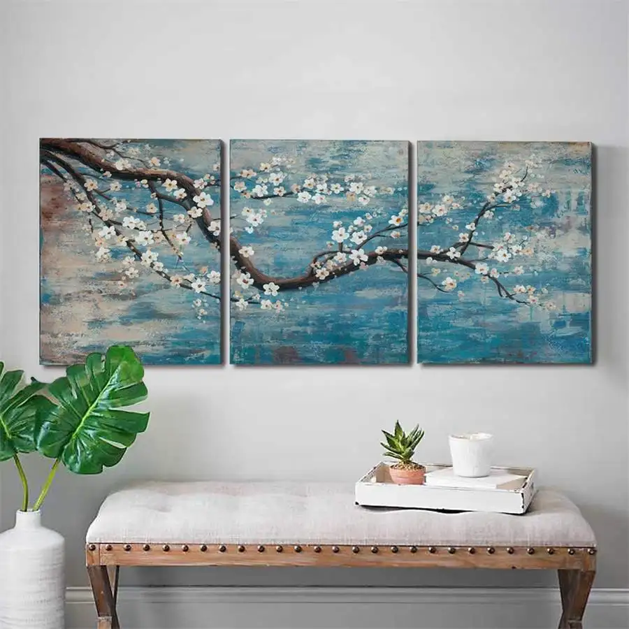 3 Stukken Van Muur Handgeschilderd Florale Olieverf Canvas Moderne Bloemen Woonkamer Decoratie Blauw-Groen Meer Kan Direct Worden Opgehangen