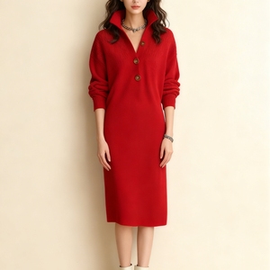 Robes pull mi-longues en maille décontractées pour femme, coupe droite ample, col boutonné, collection automne, tendance - Product Image 3