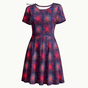 Women's Festive Fireworks <strong>Dress</strong> Patriotic <strong>Red</strong> <strong>White</strong> &amp; <strong>Blue</strong> Starburst Print A-Line Skirt Short Sleeve Summer Celebration Vestidos - Product Image 2