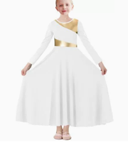 Robe de danse liturgique à manches longues pour filles, robe longue dorée à empiècements pour la louange et le culte, costume de danse lyrique pour enfants