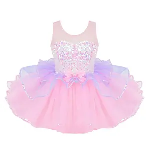 Kids Iridescent Dresses Dancewear Shiny Sequins Dance Costume Sleeveless Gymnastics Leotards Ballet Tutu Dress for Girls