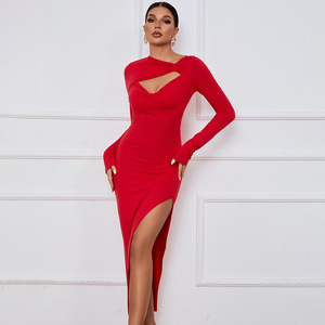 2026 Robe sexy pour femme, à nœud ajouré sur le devant, manches longues, amincissante, style transfrontalier, taille haute, jupe crayon, robe croisée élégante - Product Image 3