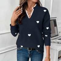Pull en tricot jacquard à col en V et motif cœur pour femme, avec col à bordure en dentelle, manches longues, coupe ample, doux, décontracté, pour l'automne