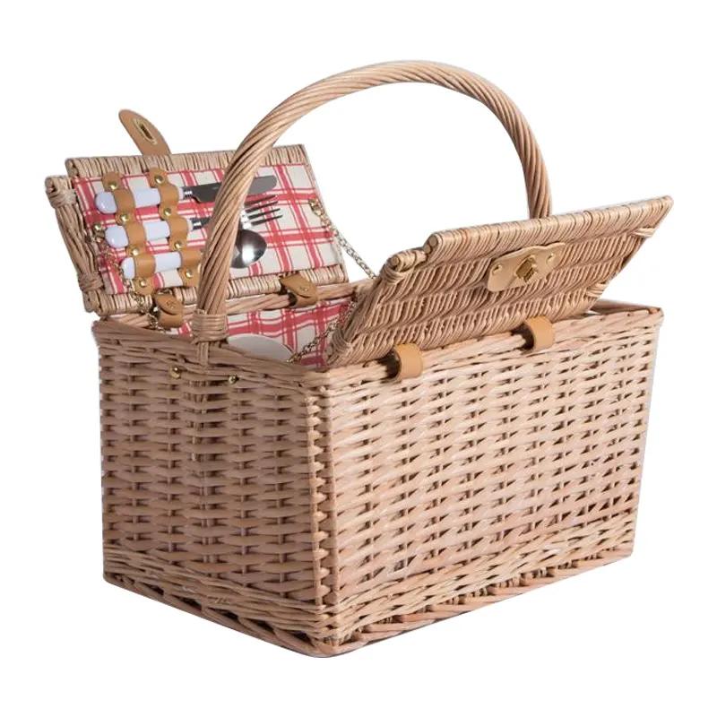 Bán Buôn Thủ Công Vuông Dệt Thiết Kế Mây Picnic Basket Cooler Thực Phẩm Hamper Với Nắp Gỗ Mang Xử Lý