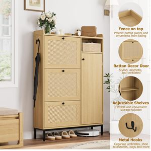 Scarpiera Moderna Sunrise in Rattan a <span class=keywords><strong>3</strong></span> Cassetti, Organizzatore Portascarpe in Legno a 4 Livelli con Ripiani Regolabili per Ingresso - Product Image 3