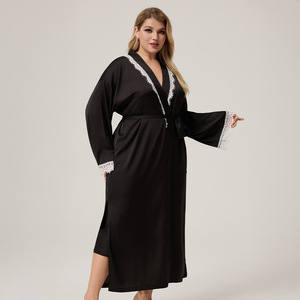 ชุดนอนผ้าซาตินชีฟองสำหรับผู้หญิง แบบเรียบหรู เซ็กซี่ แต่งขอบลูกไม้ แขนยาว อุ่นสบาย ไซส์ใหญ่ พร้อมเชือกผูกเอว เนื้อผ้านุ่ม - Product Image 2