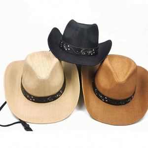 Straw Cowboy <b>Hat</b> with Embroidered Band Western Style Wide Brim Sun <b>Hat</b> <b>for</b> Outdoor - Product Image 6