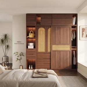 Light Oak ConcealedCustom Full Wall Glass <strong>Midcentury</strong> Antique Bedroom <strong>Wardrobe</strong> Left Right Symmetrical Open Garment Storage - Product Image 3