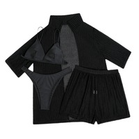 Dames Zomer Vierdelige Strandkleding Cover-Up Badpak Outfit Pure Mesh Shirt En Shorts Bikiniset