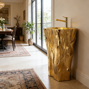 Lavabo di Lusso Artistico a Forma di Radice in Fibra di Vetro con Finitura Dorata per Arredo Bagno di Alta Classe - Product Image 2