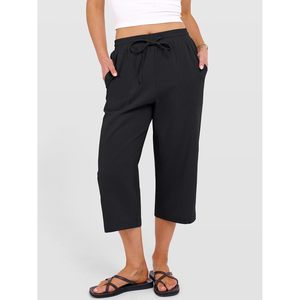 FOXA Pantalon Capri pour femme, coupe décontractée, taille élastique avec cordon de serrage, coupe droite, respirant, en coton, pour l'été - Product Image 2