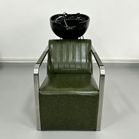 Fauteuil de lavage de cheveux de salon pivotant avec cadre en acier inoxydable, cuir huilé vert, bac en céramique noir