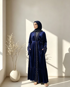 1857# Autumn Winter Modest Abaya Loose Sleeves Front Open Cardigan <b>Sequins</b> Mesh Velvet Warm Coat Abayas for Muslim Women - Product Image 1