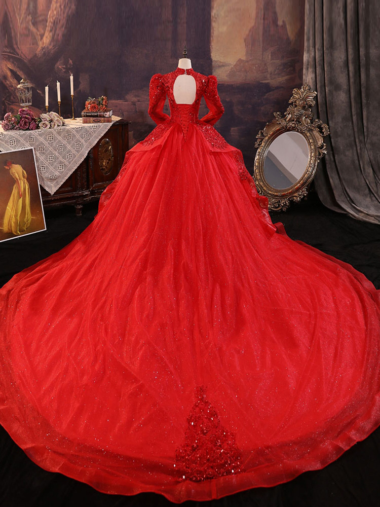 chinese dress ladies Red Wedding Dresses,Wedding Dress with Long Sleeves,Destination Weddin
