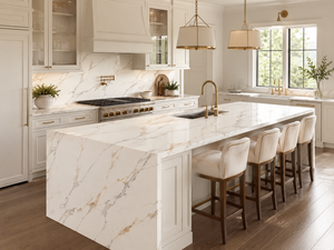 แผ่นควอตซ์พิมพ์ลาย Calacatta Golden Drift จาก UNION STONE ขนาดใหญ่ เป็นมิตรกับสิ่งแวดล้อม ดีไซน์ทันสมัย เหมาะสำหรับผนังห้องครัว พื้น และเคาน์เตอร์ - Product Image 4