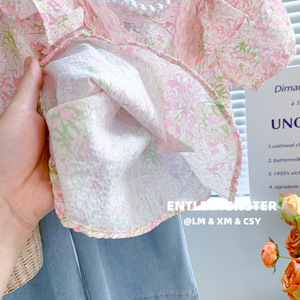 Tongxingyuan Girls Floral Short Sleeve Blouse Pink Lace Trim Summer 2025 Breathable Cotton Poplin Shirt - Product Image 3