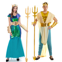 Costume de Sirène Magique Verte d'Halloween Adultes Déesse Gréco-Romaine Naga Sirène Dieu de la Mer Robe Reine Prince-Hommes Femmes Robe de Couple