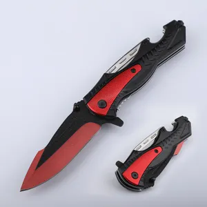 Cuchillo de acampada rojo, utensilio portátil de bolsillo de supervivencia, plegable, con abridor de botellas