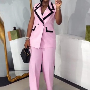 Conjunto de 2 Piezas para Mujer, Chaleco sin Mangas con Cuello Solapa y Pantalones con Bloques de Color, Moda Premium - Product Image 3