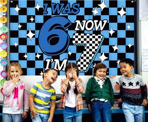 Decorazioni per Festa di Compleanno 6-7 Anni, Sfondo Blu a Quadretti 'Io avevo 6 anni, ora ho 7', Banner per Photo Booth, Sfondo per Aula Scolastica - Product Image 4