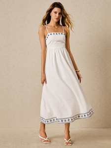 Vestido Largo Blanco Casual Elegante para Mujer, Tirantes Finos, Espalda Descubierta, Bordado Azul, Maxi, 100% Algodón Tejido, Cintura Natural - Product Image 4