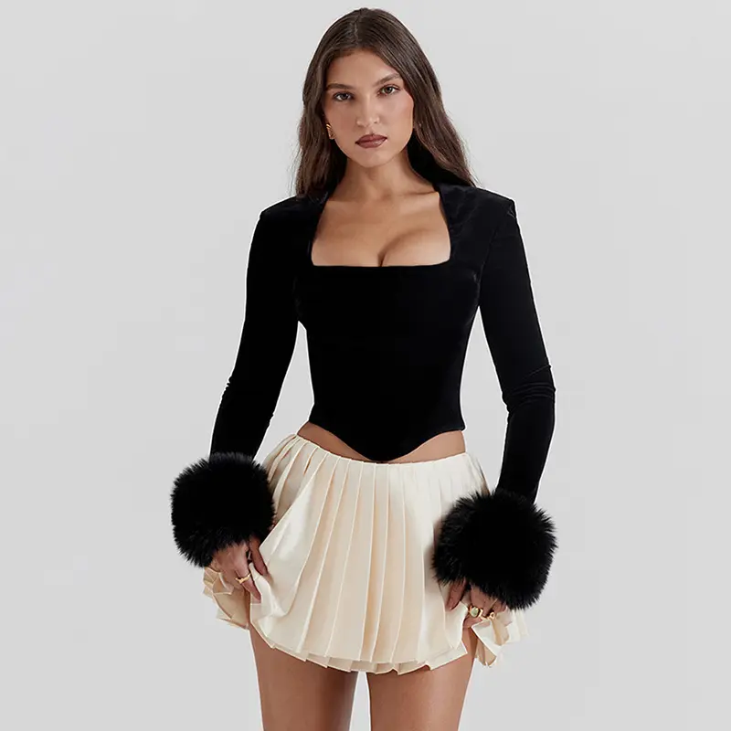 YY1560 sexy square neck fur long sleeve blouses and shirts women fashion velvet bodycon tops