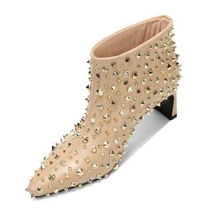 Stivaletti da Donna Personalizzati <span class=keywords><strong>Nude</strong></span> con Punta Affusolata, Borchie Dorate, Tacco Grosso, Rialzo Interno, Eleganti e alla Moda, Autunno Estate - Product Image 3