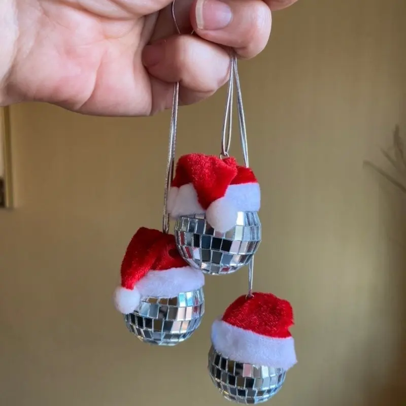 Mini Santa Hat Disco Ball Car Hanging Ornament Car Rear View Mirror Santa Claus Hat Hanging Home Christmas Decor