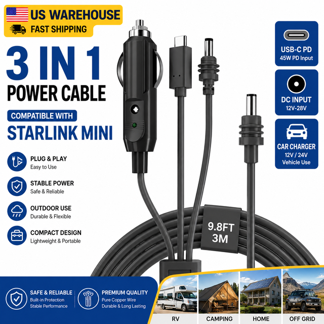US Warehouse 3 In 1 Power Cable Compatible with Starlink Mini USB C PD Car Charger DC Power Cable for RV Camping Off Grid