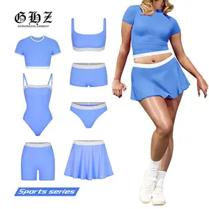 M2024 Custom Logo Women Polyamide Gym Short Sleeve Crop Tops Four-way Stretch Tight T-shirts Skirt Tank top piece sets