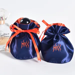 Custom Luxury Embroidery Satin Blue Purse Dust Bags Jewelry Drawstring Round Bottom Satin Silk Bag for Skincare Products