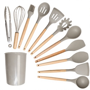 12 Piece <b>Silicone</b> Kitchen Utensil Set with Wooden Handles Nonstick Cooking <b>Tools</b> Spatula Ladle Whisk Tongs Spoon Brush - Product Image 4