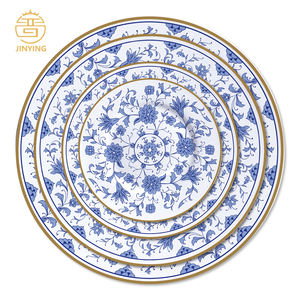 Juego de Platos Elegantes JINYING con Diseño Floral Azul, Incrustaciones Doradas, <span class=keywords><strong>Vajilla</strong></span> de Cerámica de Alta Calidad, <span class=keywords><strong>Vajilla</strong></span> Azul <span class=keywords><strong>y</strong></span> <span class=keywords><strong>Blanca</strong></span> para Bodas - Product Image 1
