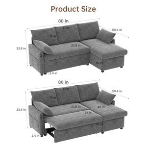 Canapé convertible en chenille en forme de L avec lit escamotable et rangement pour salon, appartement, hôtel - Product Image 2