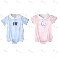 Vêtements pour bébé à imprimé vichy rose et bleu de Pâques, manches courtes, col Peter Pan, barboteuse pour bébé garçon et fille, tenue d'été pour tout-petit, tenue de rentrée à la maison