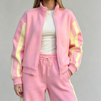 Produsen Pakaian Custom Baggy Casual Streetwear Heavyweight pink Cotton Fleece Zipper Tracksuit Wanita 2 Potong Set