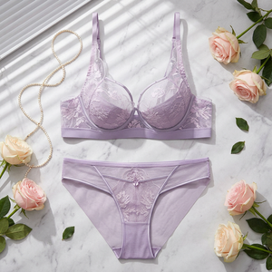 Lavender Floral Lace Bra and Brief <b>Set</b> Underwired Full Cup Ladies <b>Sexy</b> Bra <b>Set</b> Romantic Women's Intimates Sheer Mesh Lingerie - Product Image 1