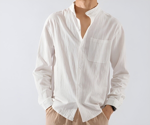Camicia Casual da <span class=keywords><strong>Uomo</strong></span> OEM/ODM in Cotone e <span class=keywords><strong>Lino</strong></span>, Tinta Unita, con Tasche, Colletto Alto, Maniche Lunghe, Traspirante, ad Asciugatura Rapida, Vestibilità Comoda - Product Image 4