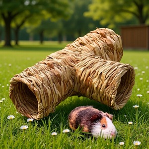 Tunnel pour animaux de compagnie en paille fait main, trois voies, pour cochons d'Inde, oiseaux, petits animaux, taille M, en herbe - Product Image 1