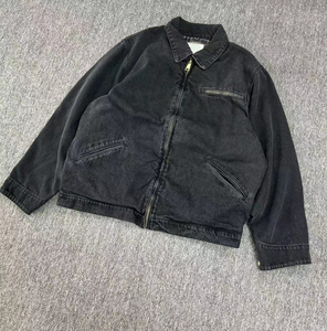 Veste de travail pour homme en denim délavé et vieilli, doublée, coupe oversize, style vintage, col rabattu, poches zippées, style urbain, devant/<span class=keywords><strong>dos</strong></span> - Product Image 1