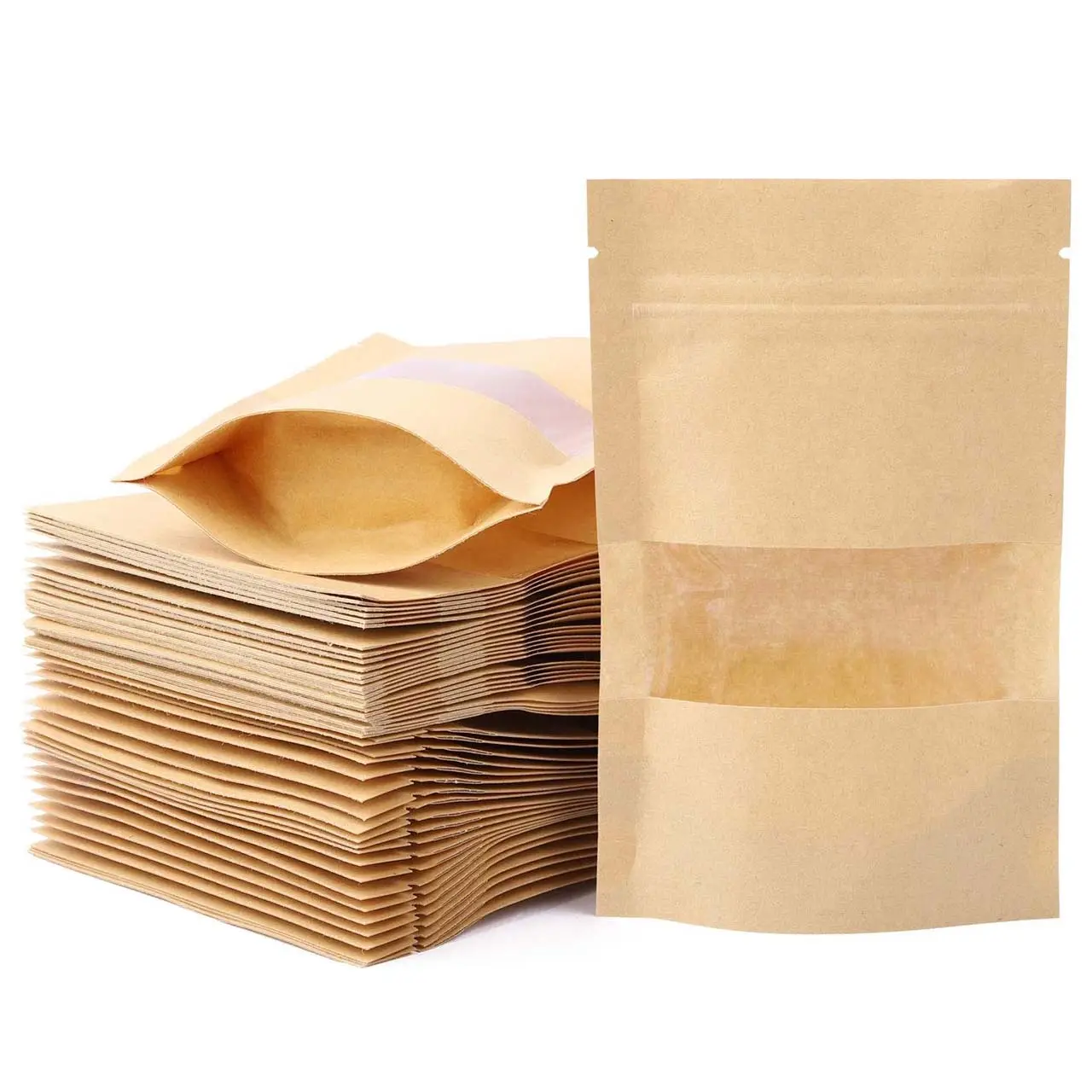 Stand up Pouch Bags Zip Lock Pouches with Matte Window and Tear Notch Resealable Bags Kraft Paper for Small Business Home Use