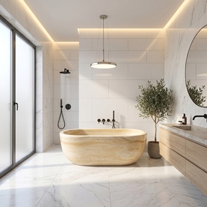 อ่างอาบน้ำทรงวงรีสั่งทำพิเศษสุดหรูหราทันสมัย ลายไม้สีเหลืองหินอ่อน แบบลอยตัว สำหรับแช่ตัวในห้องน้ำ วิลล่า โรงแรม บ้าน - Product Image 1