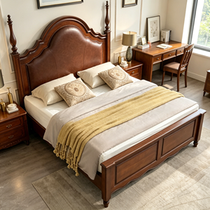 New Arrival Arched Brown Leather Upholstered Four Poster Solid Wood Bed with Carved Leg Nightstands - Product Image 1