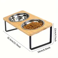 Gamelle double surélevée écologique pour chat, anti-renversement, en acier inoxydable, avec support en bois antidérapant en fer, motif uni