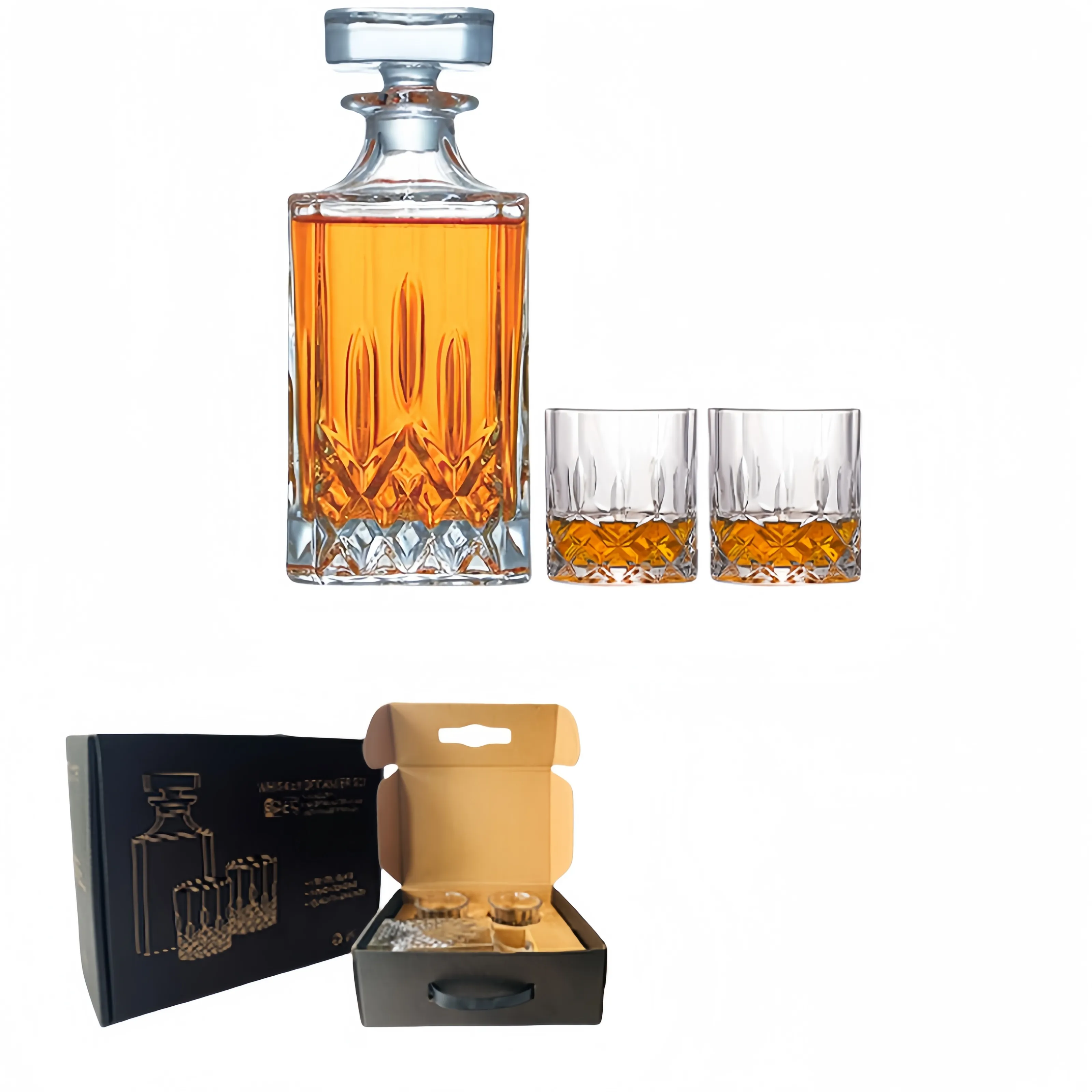 Set all'ingrosso di scatole regalo in vetro di whisky, Decanter in vetro e Set di bottiglie spiritose, vendita calda di Amazon