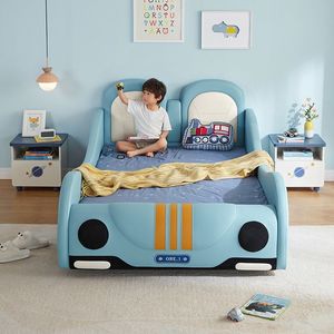Modernes Blaues Rennwagen-Bett für Jungen Cartoon-Polsterbett Kinderbettgestell Hochwertige Kinderzimmermöbel - Product Image 2