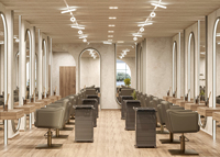 Mobilier de salon de coiffure BRUTALIST sur mesure en 3D pour salons de coiffure professionnels avec bois massif et éclairage LED