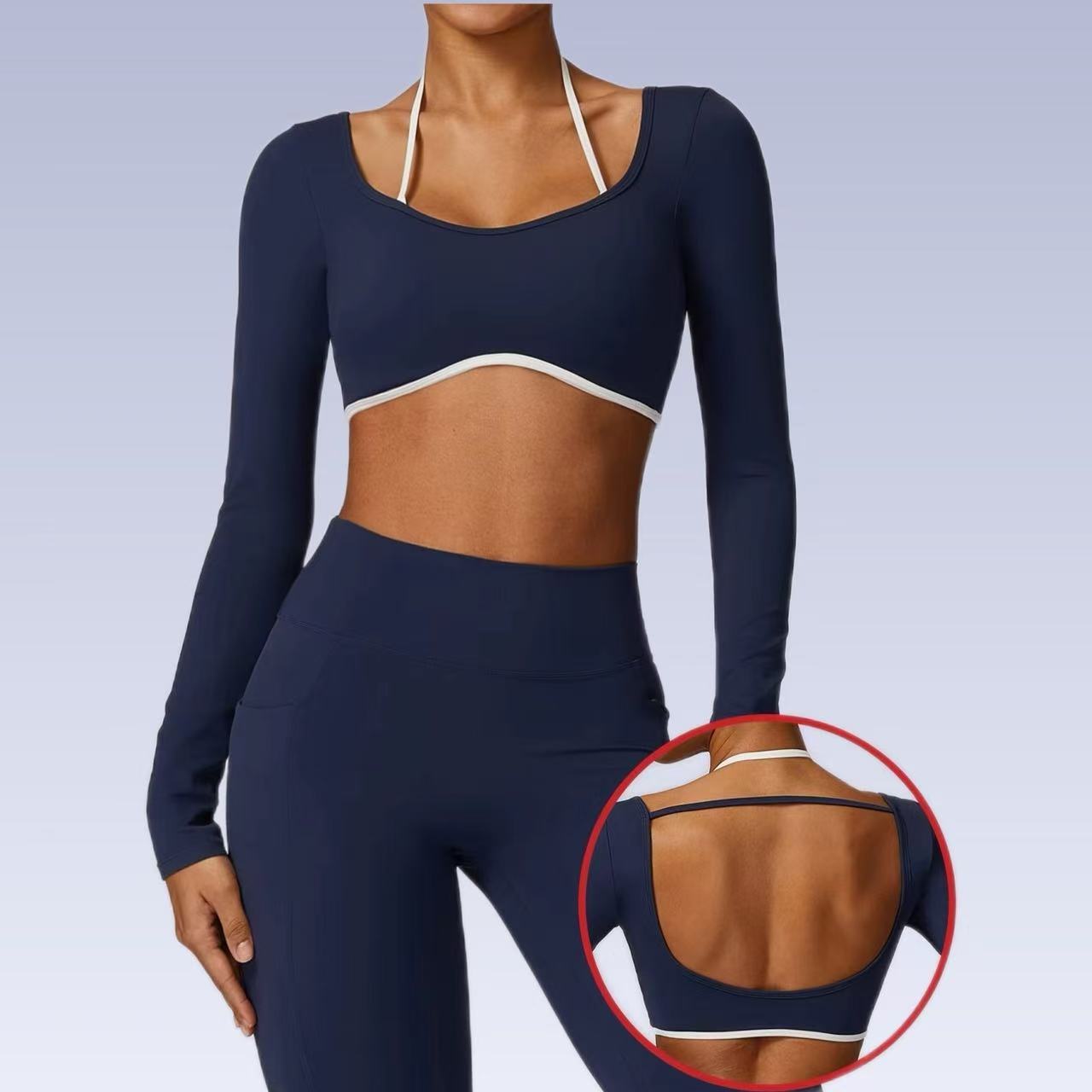 Women's Workout Gym Yoga Crop Tops Seamless Lightweight Breathable Halter Long Sleeve Backless Sports Bra with Padded T Shirts