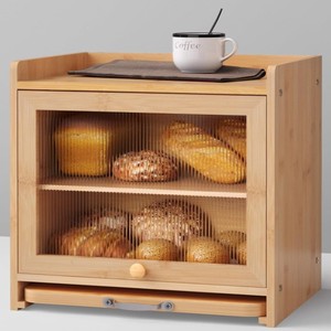 Boîte à pain en bambou à double couche, armoire de rangement de cuisine avec porte en verre pour la conservation du pain frais et des aliments - Product Image 1