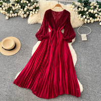 Robe longue plissée élégante pour femme WIWT, col en V, manches longues en dentelle, coupe trapèze, décontractée, pour soirée ou usage quotidien